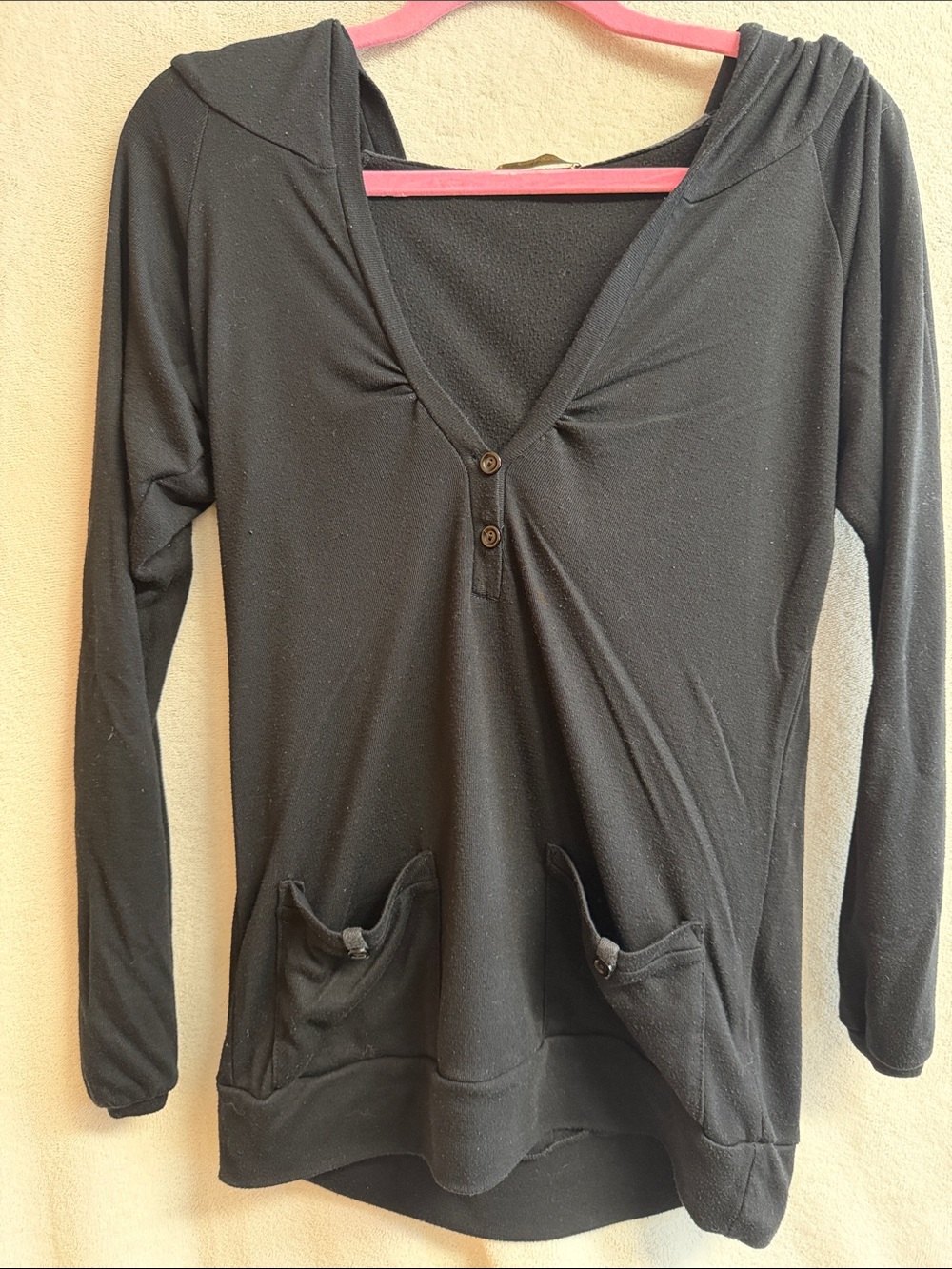 cameo Black Hooded Button-Neck Pullover with Front Pockets